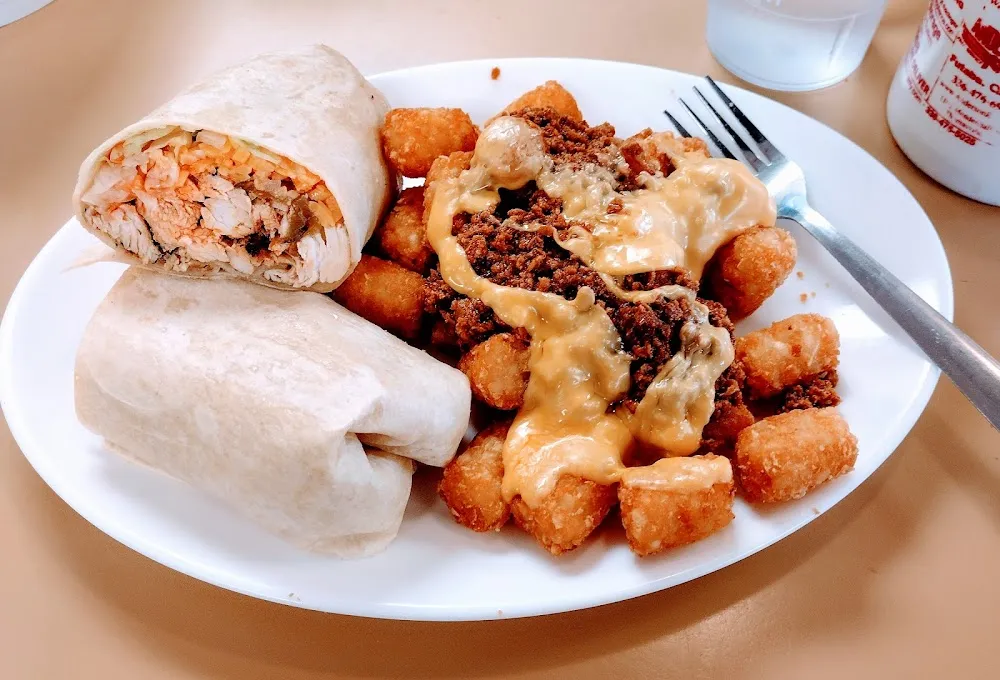 Buffalo Chicken Wrap with Chilli Cheese Tater Tots Both Off-Menu Just Ask