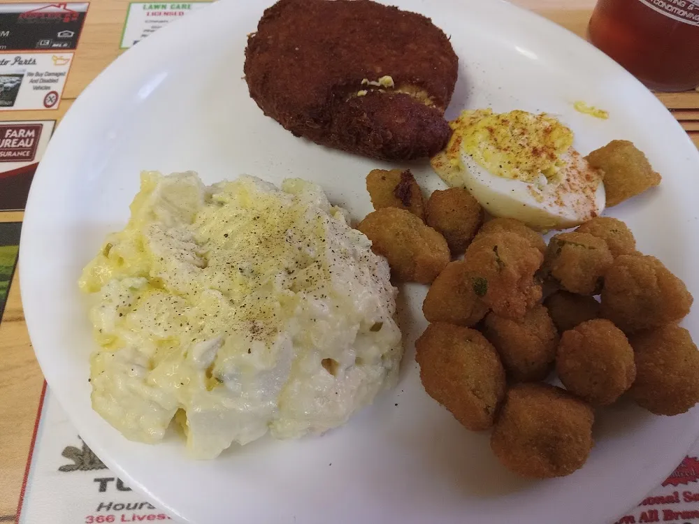 Salmon Potato Salad Okra and Deviled Eggs