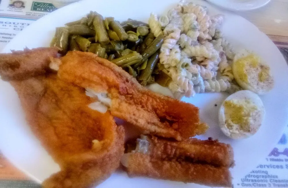 Whitefish Green Beans Pasta Salad and Deviled Eggs